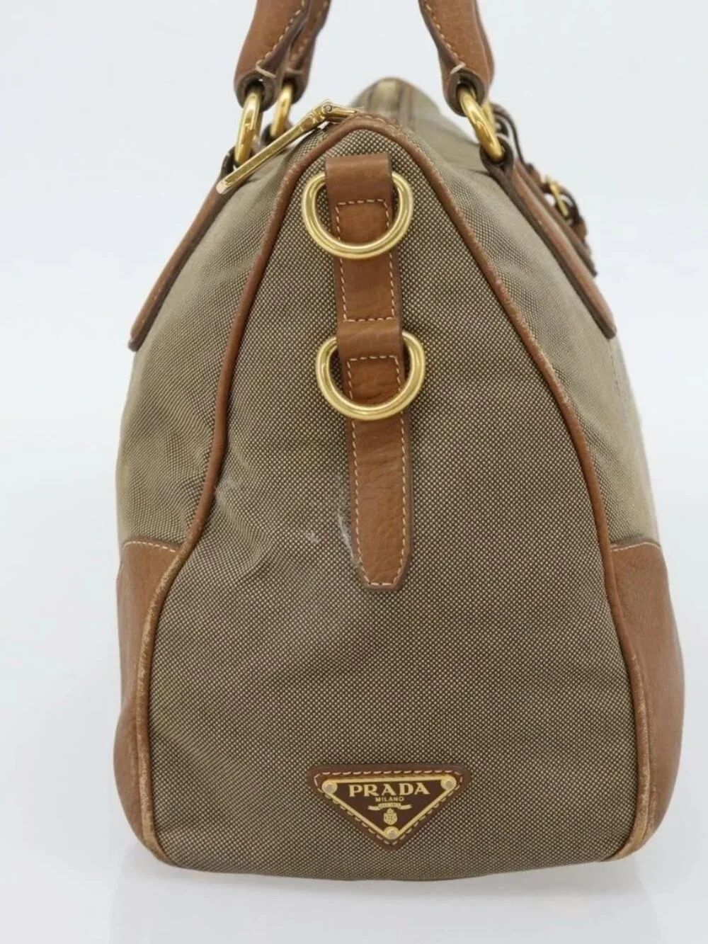 PRADA Hand Bag Canvas Leather Brown Gold Auth